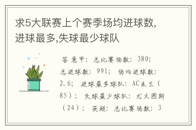 求5大联赛上个赛季场均进球数,进球最多,失球最少球队