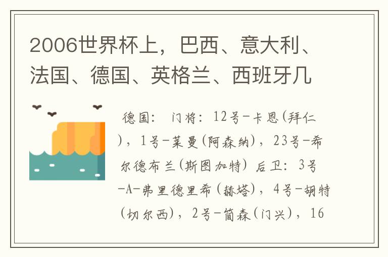 2006世界杯上，巴西、意大利、法国、德国、英格兰、西班牙几支队的首发11人球员中英文名单。