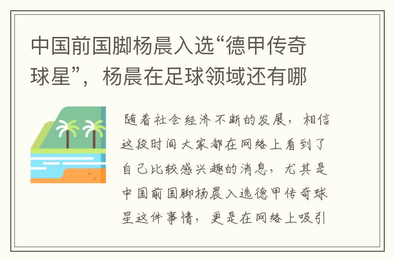 中国前国脚杨晨入选“德甲传奇球星”，杨晨在足球领域还有哪些成就？