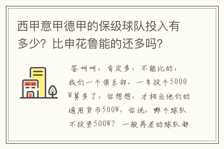 西甲意甲德甲的保级球队投入有多少？比申花鲁能的还多吗？