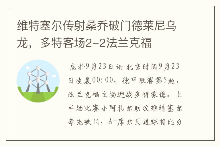 维特塞尔传射桑乔破门德莱尼乌龙，多特客场2-2法兰克福