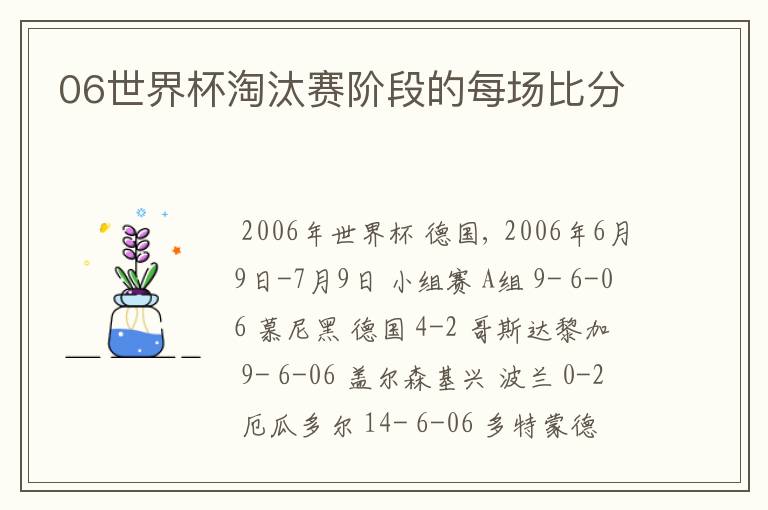 06世界杯淘汰赛阶段的每场比分