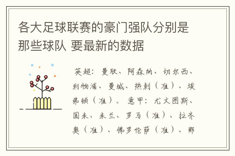 各大足球联赛的豪门强队分别是那些球队 要最新的数据