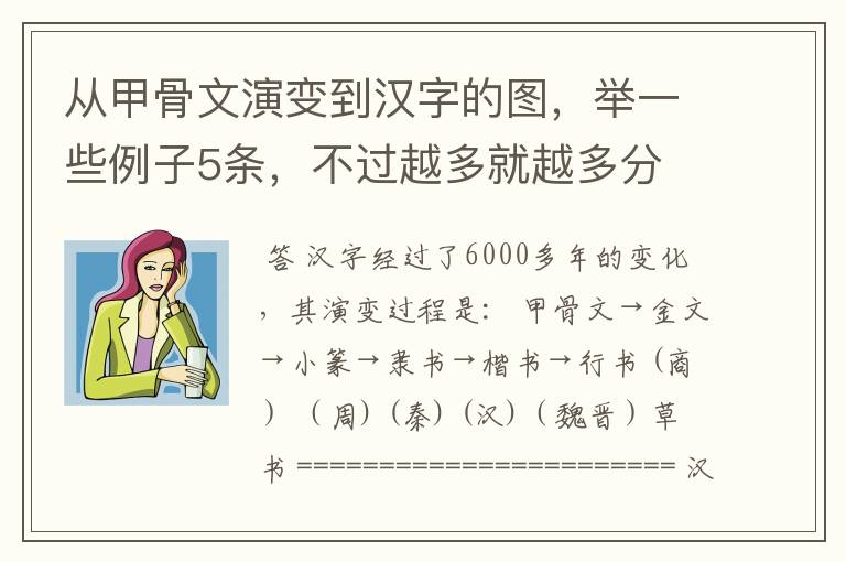 从甲骨文演变到汉字的图，举一些例子5条，不过越多就越多分