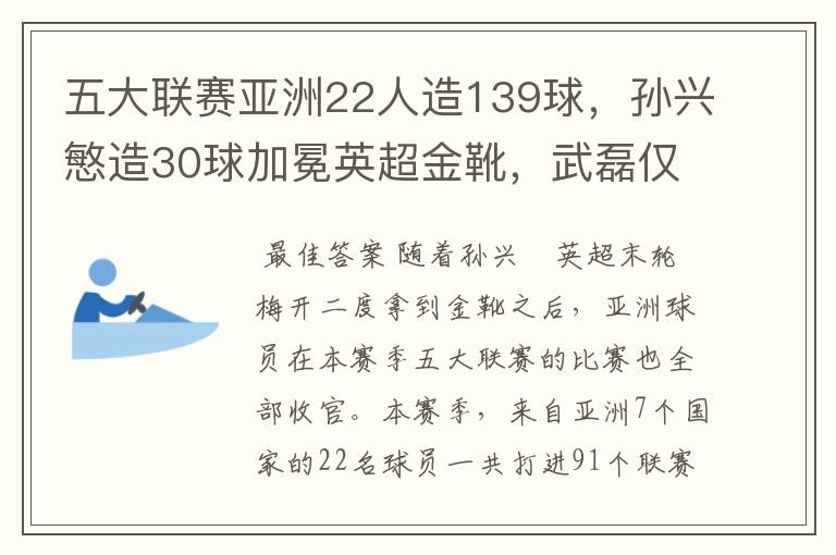 五大联赛亚洲22人造139球，孙兴慜造30球加冕英超金靴，武磊仅1球