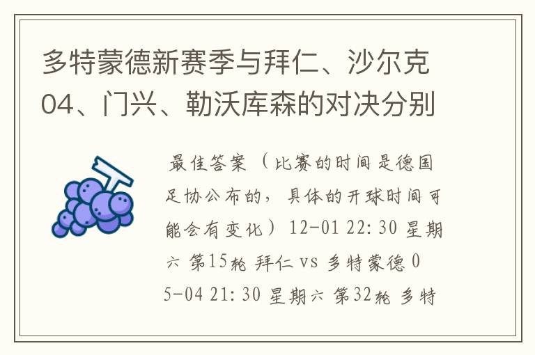 多特蒙德新赛季与拜仁、沙尔克04、门兴、勒沃库森的对决分别是哪几轮，时间？