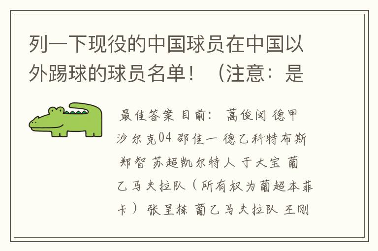 列一下现役的中国球员在中国以外踢球的球员名单！（注意：是所有，不是一个或两个）