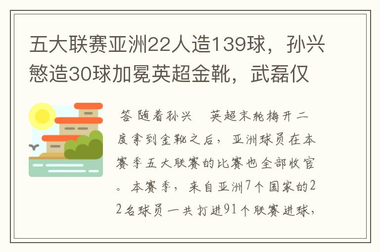 五大联赛亚洲22人造139球，孙兴慜造30球加冕英超金靴，武磊仅1球