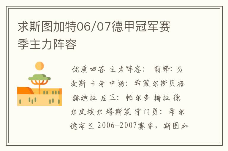 求斯图加特06/07德甲冠军赛季主力阵容