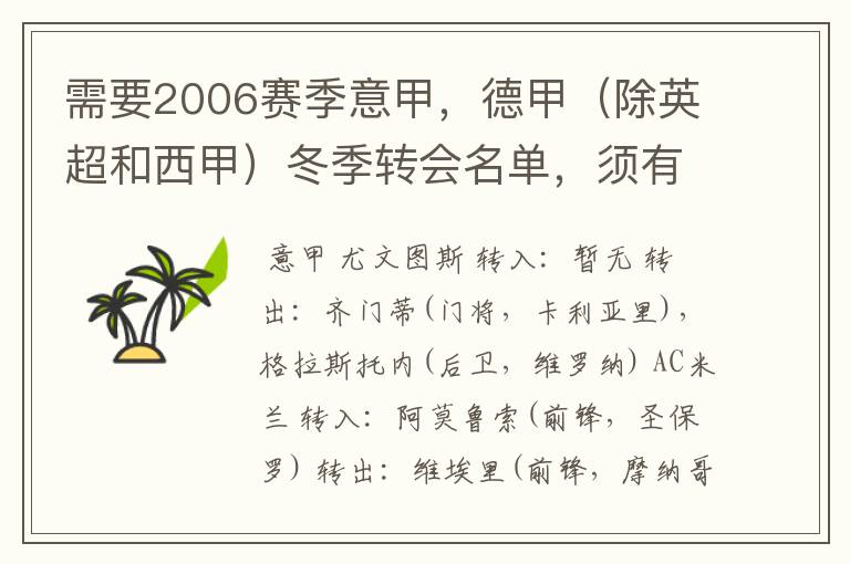 需要2006赛季意甲，德甲（除英超和西甲）冬季转会名单，须有转会方式