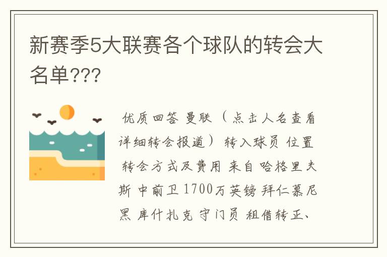 新赛季5大联赛各个球队的转会大名单???