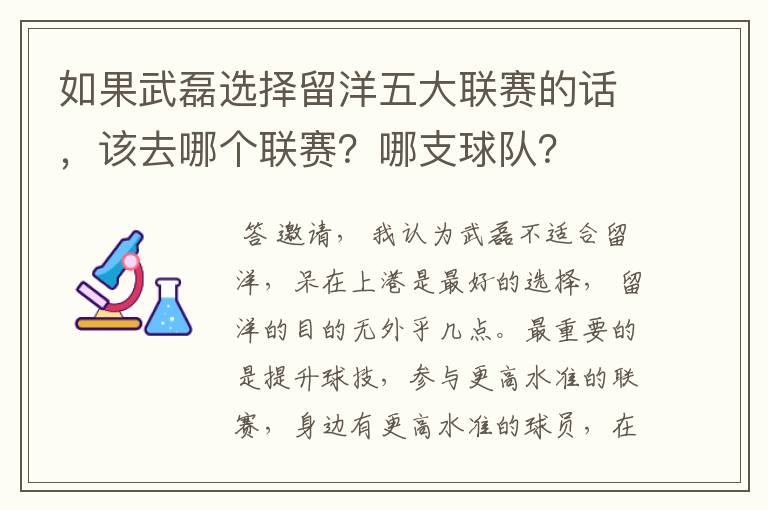 如果武磊选择留洋五大联赛的话，该去哪个联赛？哪支球队？