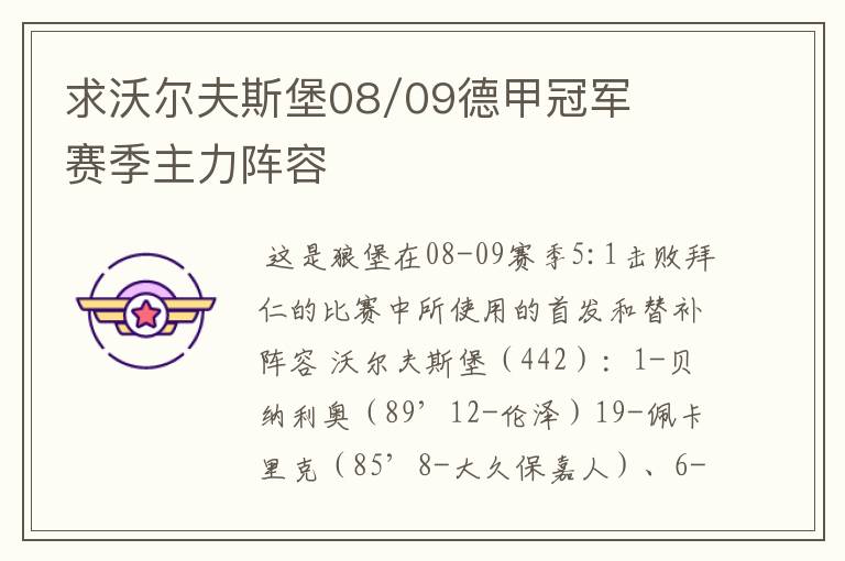 求沃尔夫斯堡08/09德甲冠军赛季主力阵容