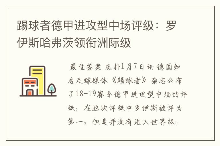 踢球者德甲进攻型中场评级：罗伊斯哈弗茨领衔洲际级