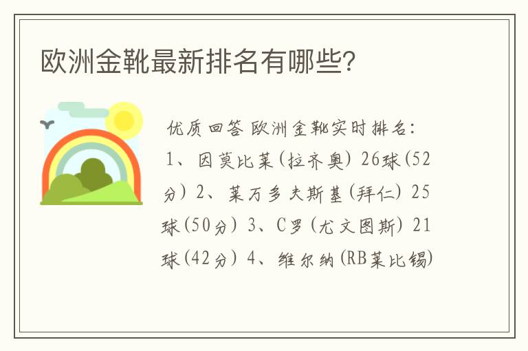 欧洲金靴最新排名有哪些？