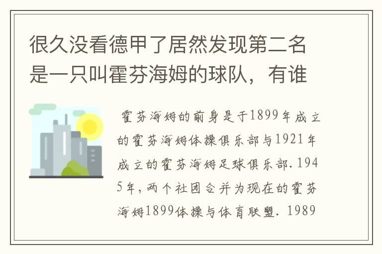 很久没看德甲了居然发现第二名是一只叫霍芬海姆的球队，有谁知道吗