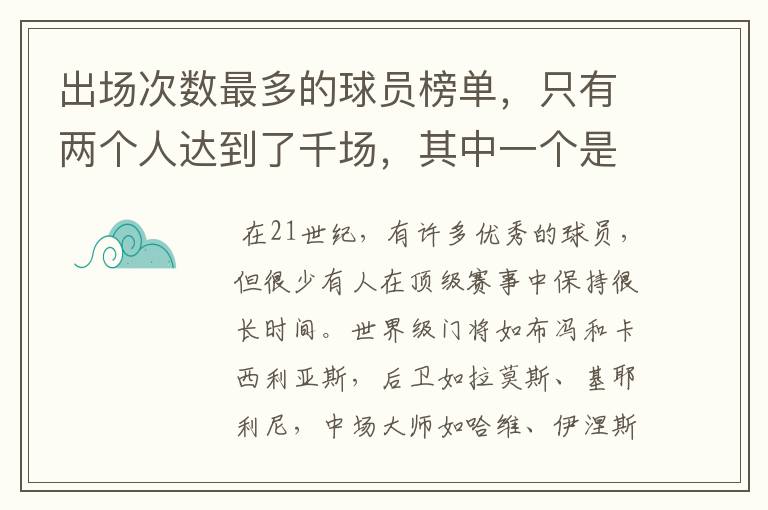 出场次数最多的球员榜单，只有两个人达到了千场，其中一个是C罗