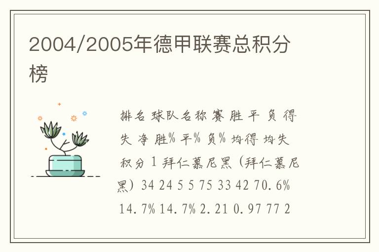 2004/2005年德甲联赛总积分榜