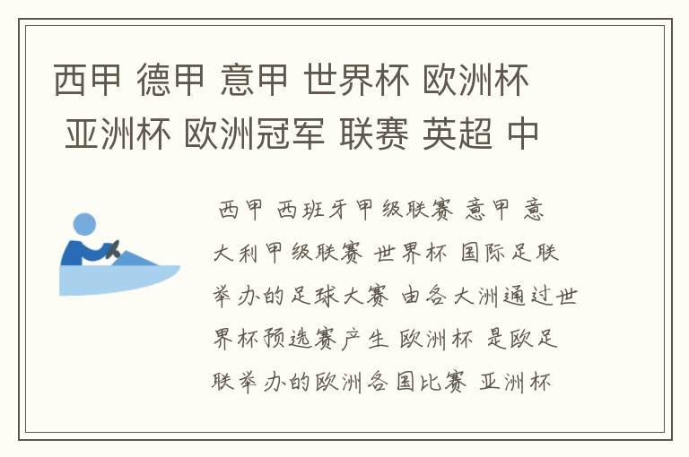 西甲 德甲 意甲 世界杯 欧洲杯 亚洲杯 欧洲冠军 联赛 英超 中超  分别是什么意思啊？