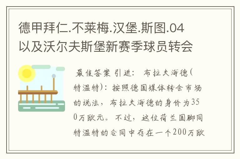 德甲拜仁.不莱梅.汉堡.斯图.04以及沃尔夫斯堡新赛季球员转会一览