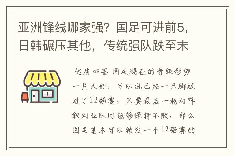 亚洲锋线哪家强？国足可进前5，日韩碾压其他，传统强队跌至末尾