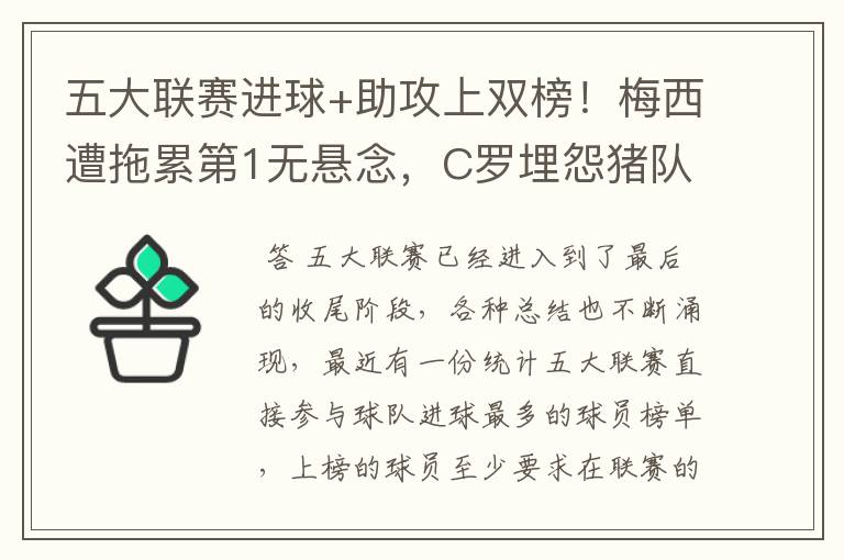 五大联赛进球+助攻上双榜！梅西遭拖累第1无悬念，C罗埋怨猪队友