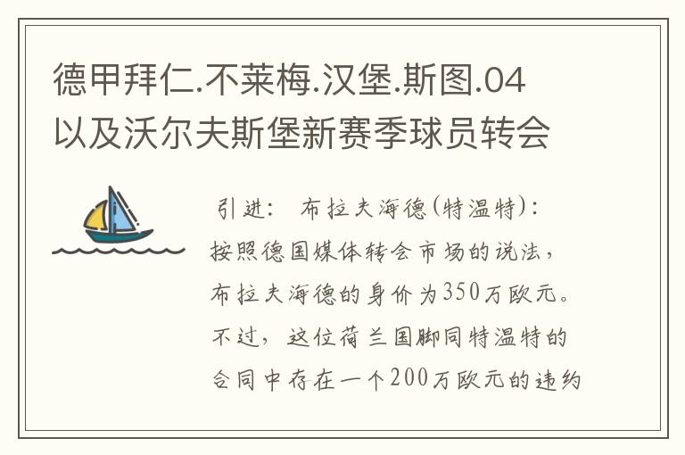 德甲拜仁.不莱梅.汉堡.斯图.04以及沃尔夫斯堡新赛季球员转会一览