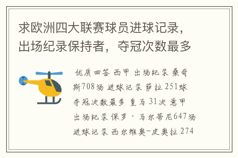 求欧洲四大联赛球员进球记录，出场纪录保持者，夺冠次数最多的球队。