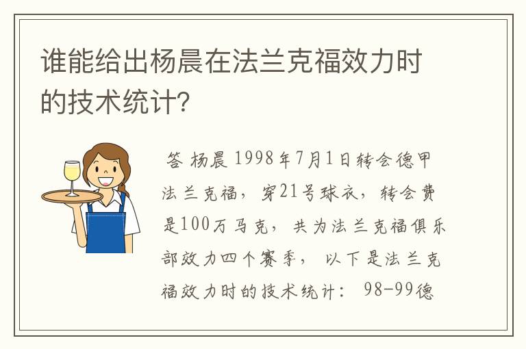 谁能给出杨晨在法兰克福效力时的技术统计？