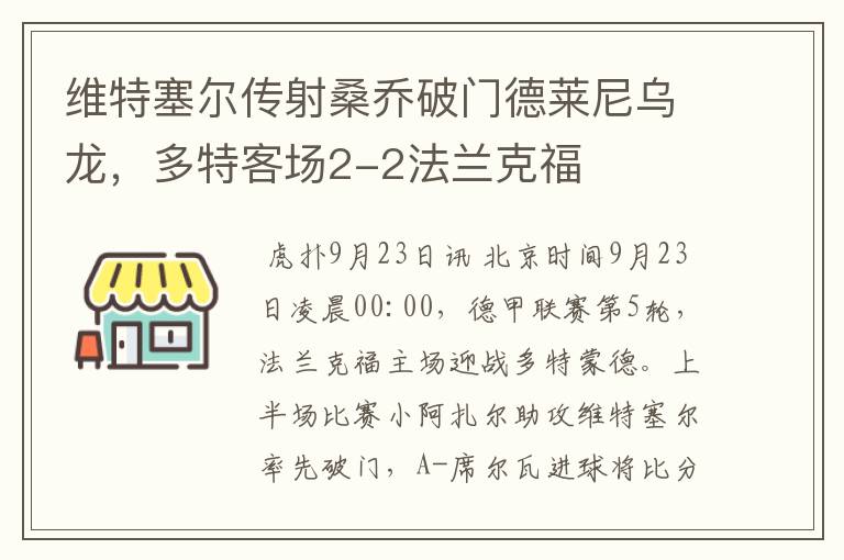 维特塞尔传射桑乔破门德莱尼乌龙，多特客场2-2法兰克福