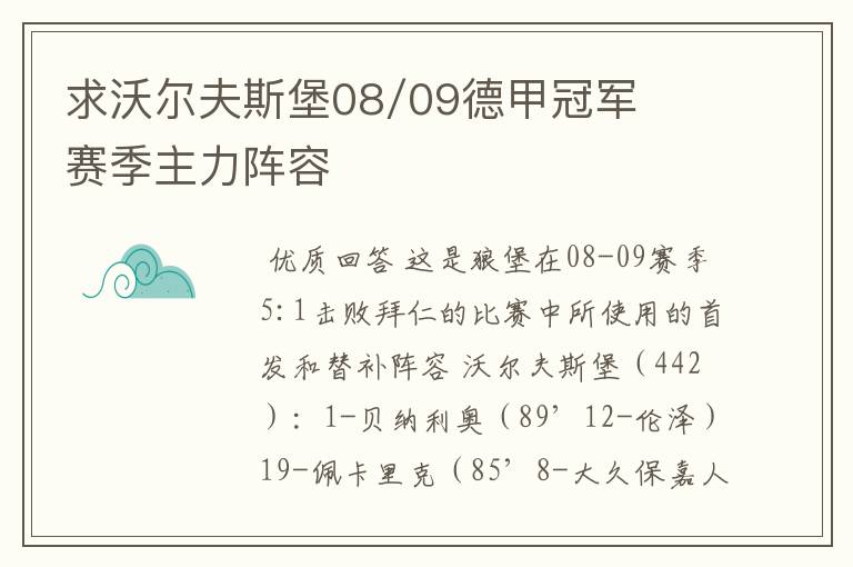 求沃尔夫斯堡08/09德甲冠军赛季主力阵容