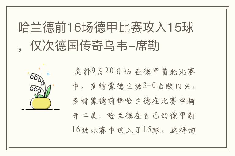 哈兰德前16场德甲比赛攻入15球，仅次德国传奇乌韦-席勒