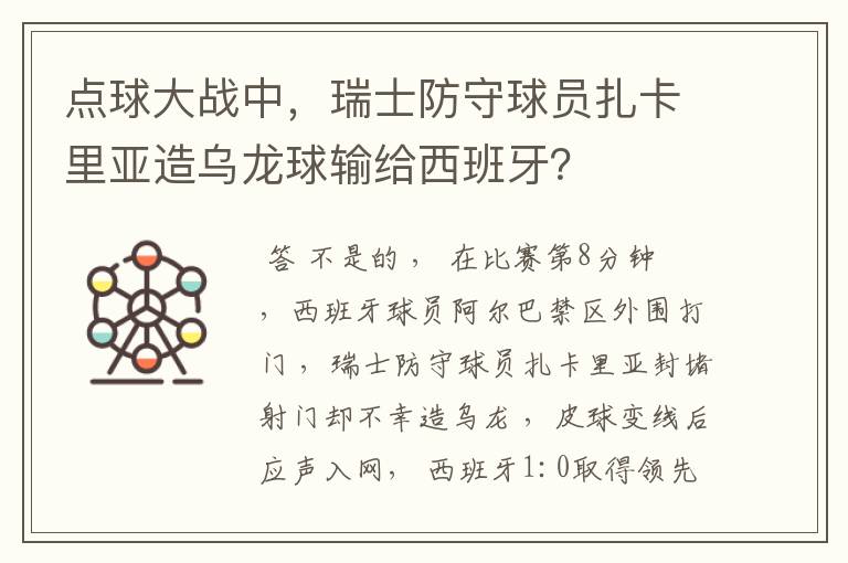 点球大战中，瑞士防守球员扎卡里亚造乌龙球输给西班牙？