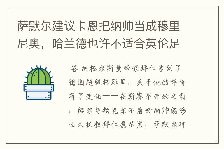 萨默尔建议卡恩把纳帅当成穆里尼奥，哈兰德也许不适合英伦足坛