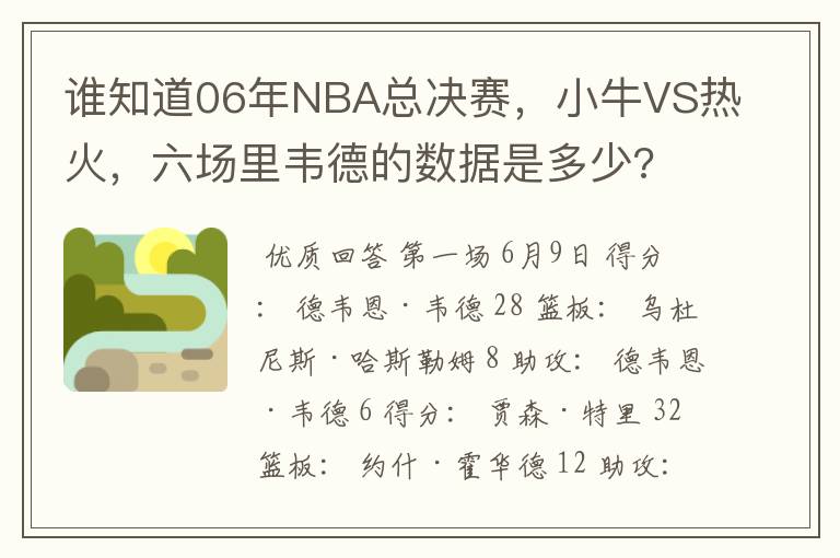 谁知道06年NBA总决赛，小牛VS热火，六场里韦德的数据是多少?