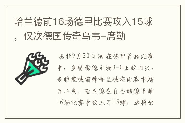 哈兰德前16场德甲比赛攻入15球，仅次德国传奇乌韦-席勒