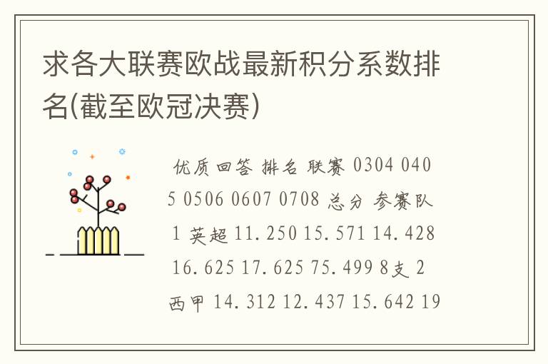 求各大联赛欧战最新积分系数排名(截至欧冠决赛)