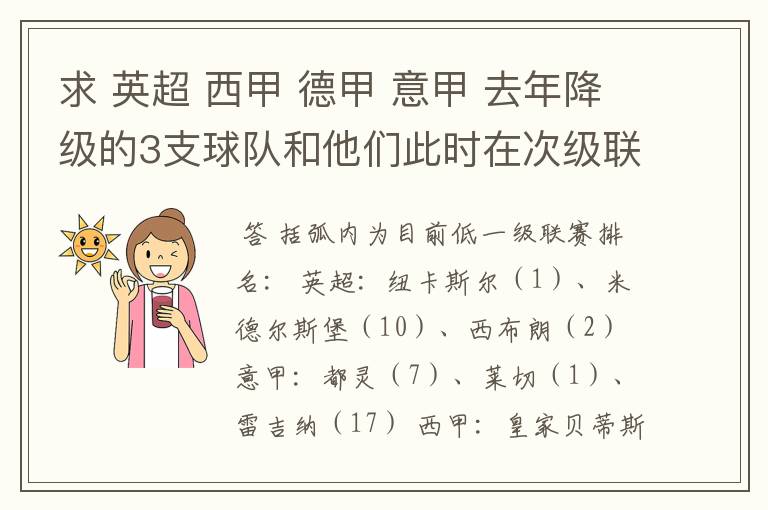 求 英超 西甲 德甲 意甲 去年降级的3支球队和他们此时在次级联赛的排名