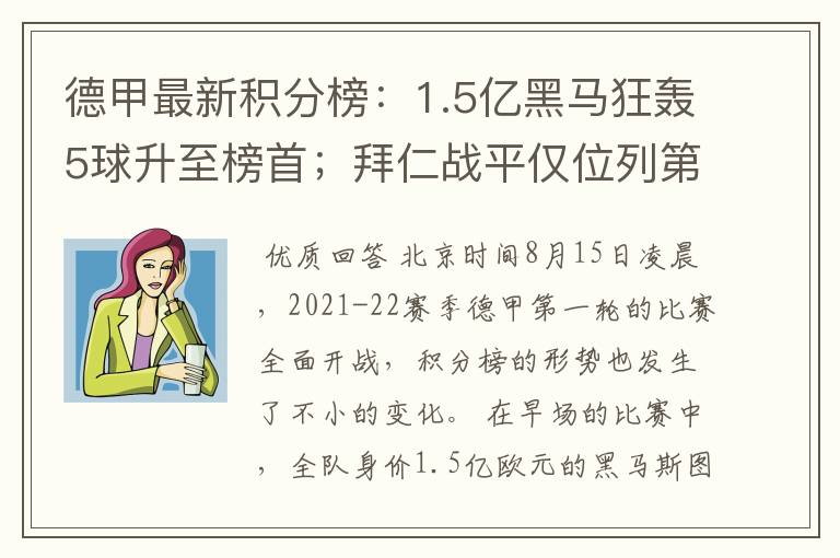 德甲最新积分榜：1.5亿黑马狂轰5球升至榜首；拜仁战平仅位列第7