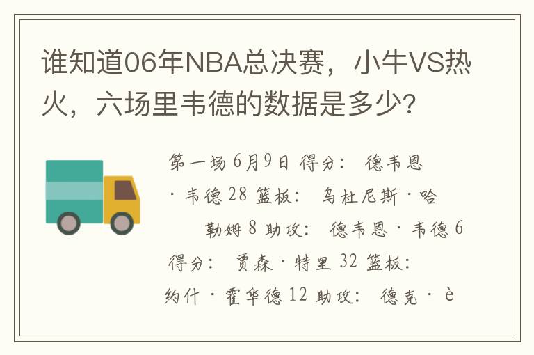 谁知道06年NBA总决赛，小牛VS热火，六场里韦德的数据是多少?