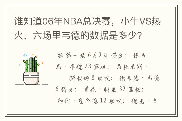 谁知道06年NBA总决赛，小牛VS热火，六场里韦德的数据是多少?