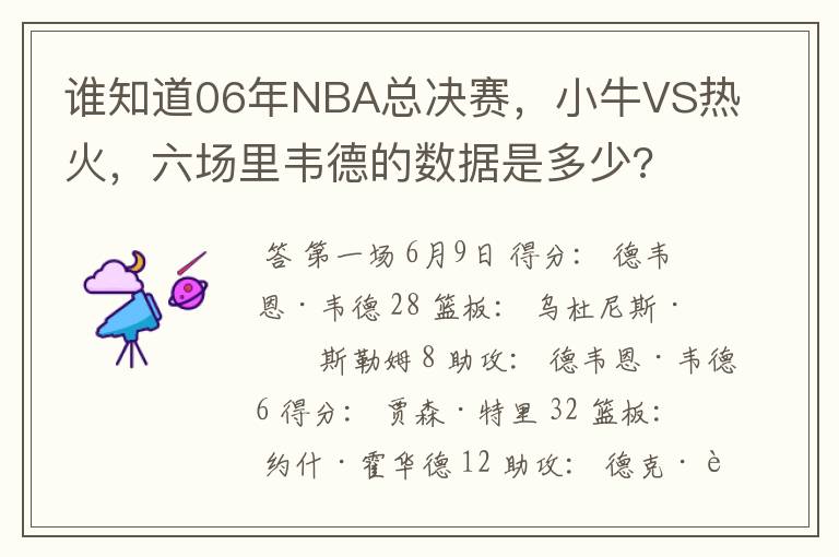 谁知道06年NBA总决赛，小牛VS热火，六场里韦德的数据是多少?