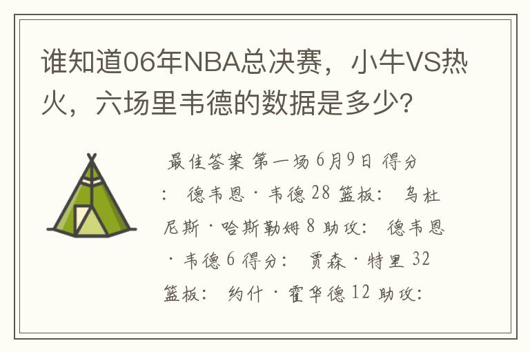 谁知道06年NBA总决赛，小牛VS热火，六场里韦德的数据是多少?