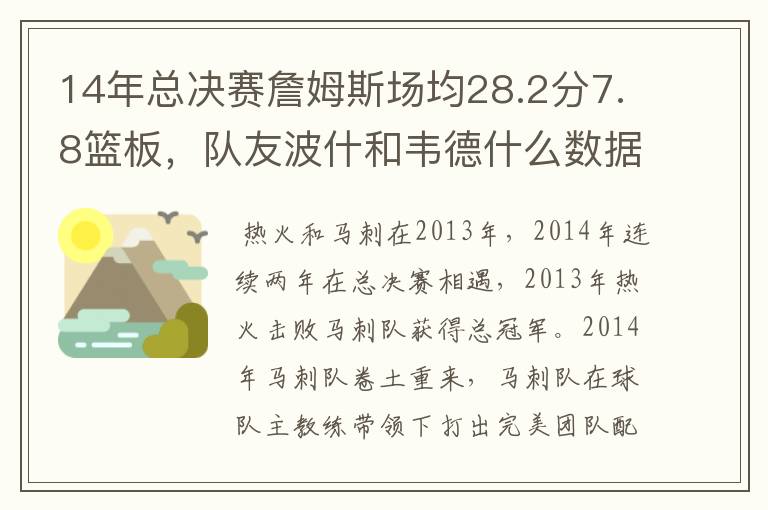 14年总决赛詹姆斯场均28.2分7.8篮板，队友波什和韦德什么数据？