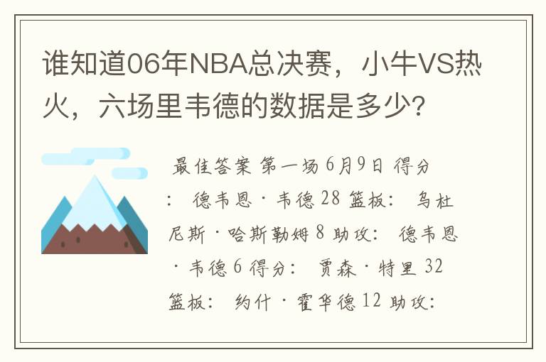 谁知道06年NBA总决赛，小牛VS热火，六场里韦德的数据是多少?