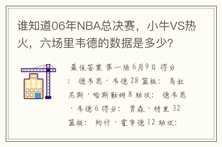 谁知道06年NBA总决赛，小牛VS热火，六场里韦德的数据是多少?