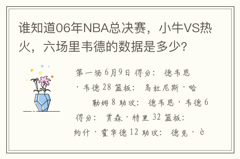 谁知道06年NBA总决赛，小牛VS热火，六场里韦德的数据是多少?