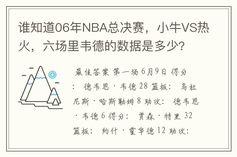 谁知道06年NBA总决赛，小牛VS热火，六场里韦德的数据是多少?