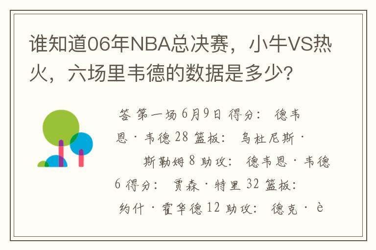 谁知道06年NBA总决赛，小牛VS热火，六场里韦德的数据是多少?