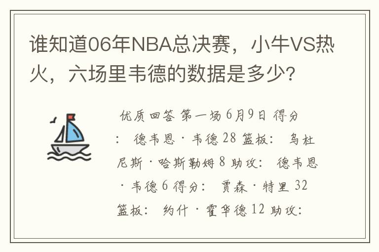 谁知道06年NBA总决赛，小牛VS热火，六场里韦德的数据是多少?